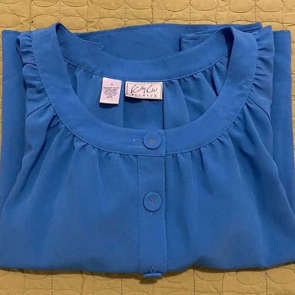 Kathy Che Blue Covered Button Down, 3/4 Length Sleeve & Scoop Neck Blouse - Picture 3 of 5